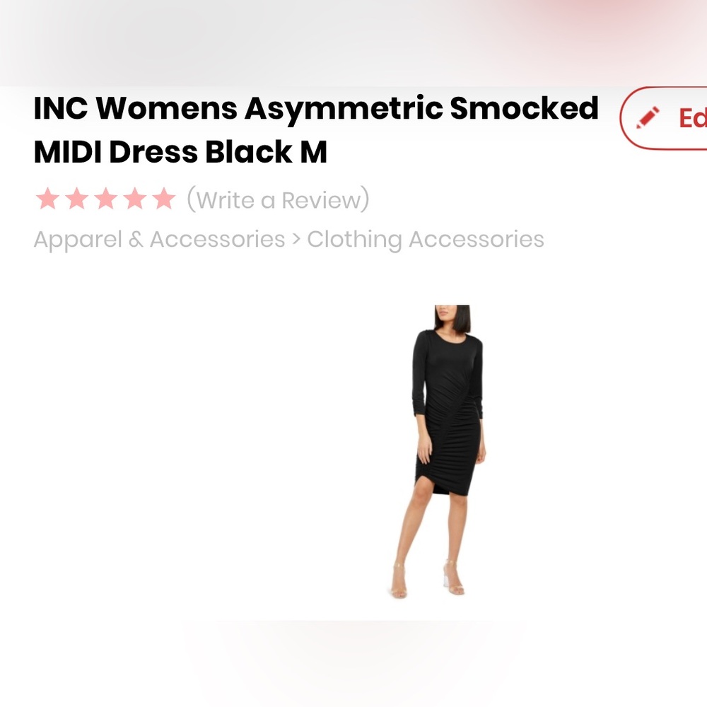 INC International Concepts Medium Asymmetrical Smocked MIDI Crewneck Black Dress